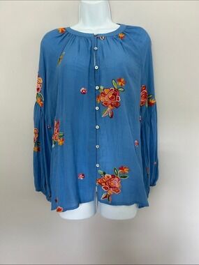 fig and flower Anthropologie  Blue Floral Embroidered Button-Down Blouse